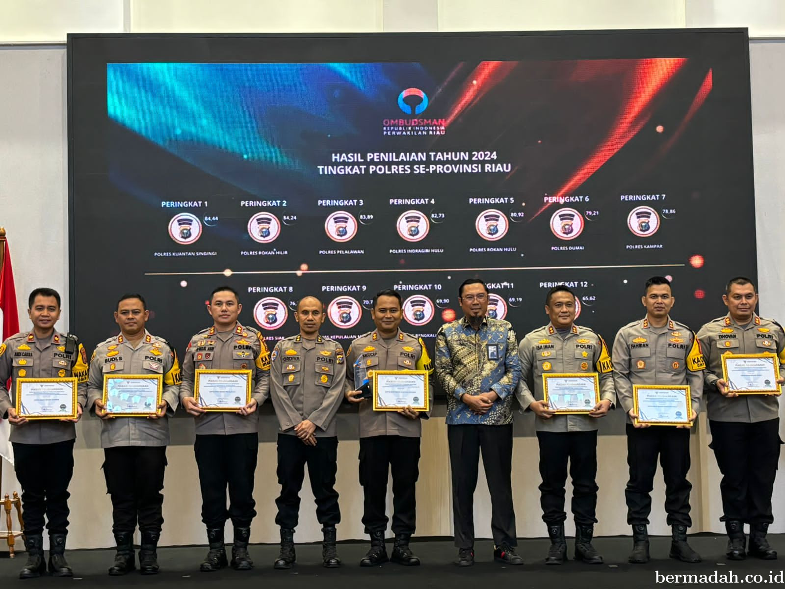 PolresPelalawan Raih Peringkat Ketiga Penghargaan Standar Pelayanan Publik Tingkat Provinsi Riau2024